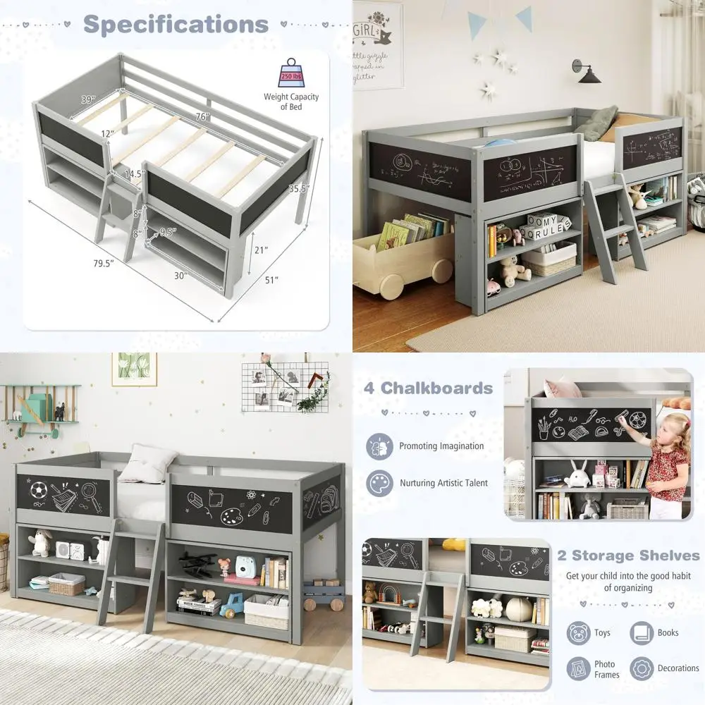 Twin Size Wooden Loft Bed with Ladder, Chalkboard, Storage, 2 Bookcases, and Play Area in Grey
Twin Size Wooden Loft Bed with Ladder, Chalkboard, Storage, 2 Bookcases, and Play Area in Grey