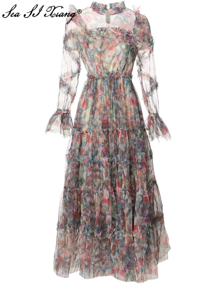 Seasixiang Fashion Designer Spring Mesh Long Dress Women O-Neck Flare Sleeve Ruffles Floral Print Vintage Dresses
Seasixiang Fashion Designer Spring Mesh Long Dress Women O-Neck Flare Sleeve Ruffles Floral Print Vintage Dresses