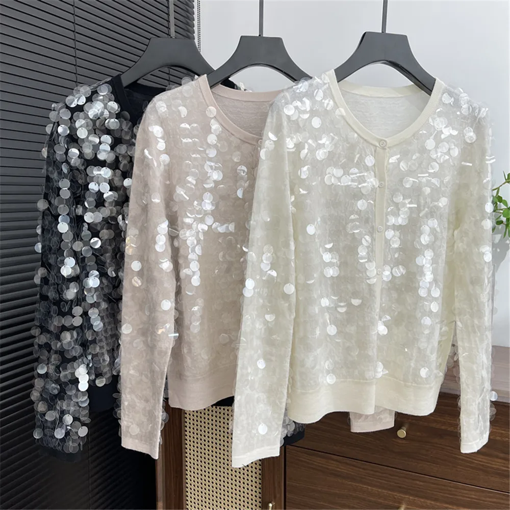 Exquisite Sequined Long Sleeve Thin Cardigan Jacket For Women Knitted Wool Sweater
Exquisite Sequined Long Sleeve Thin Cardigan Jacket For Women Knitted Wool Sweater