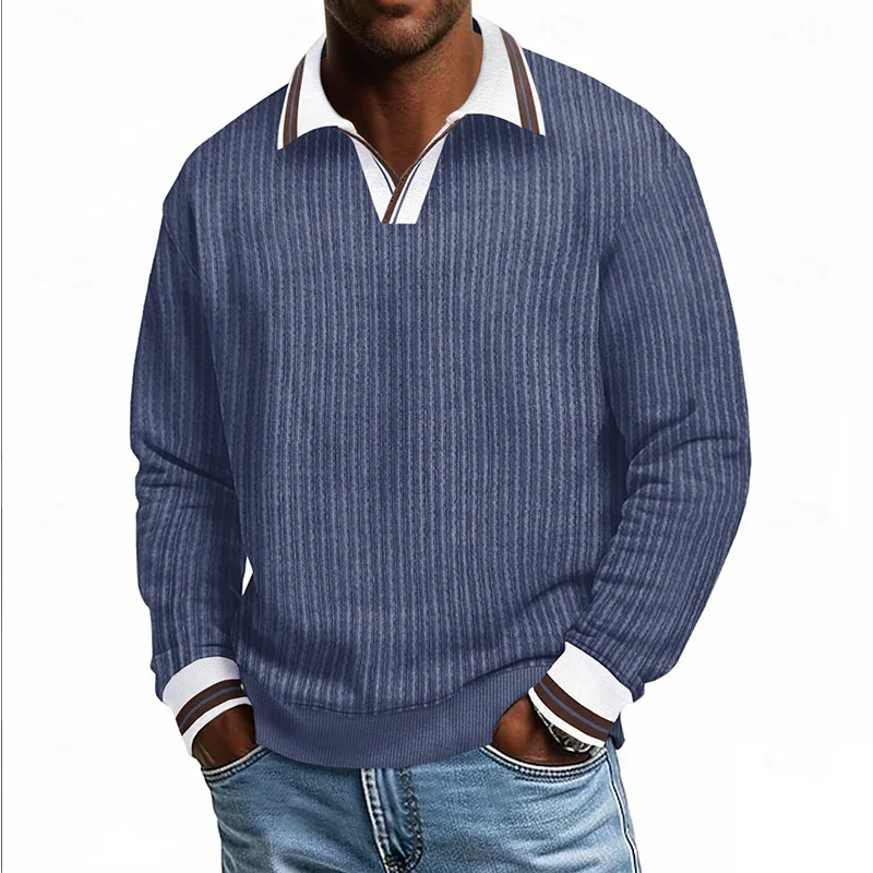 Мужской синий поло-свитшот в полоску с контрастным воротником, повседневный, с длинными рукавами
Мужской синий поло-свитшот в полоску с контрастным воротником, повседневный, с длинными рукавами