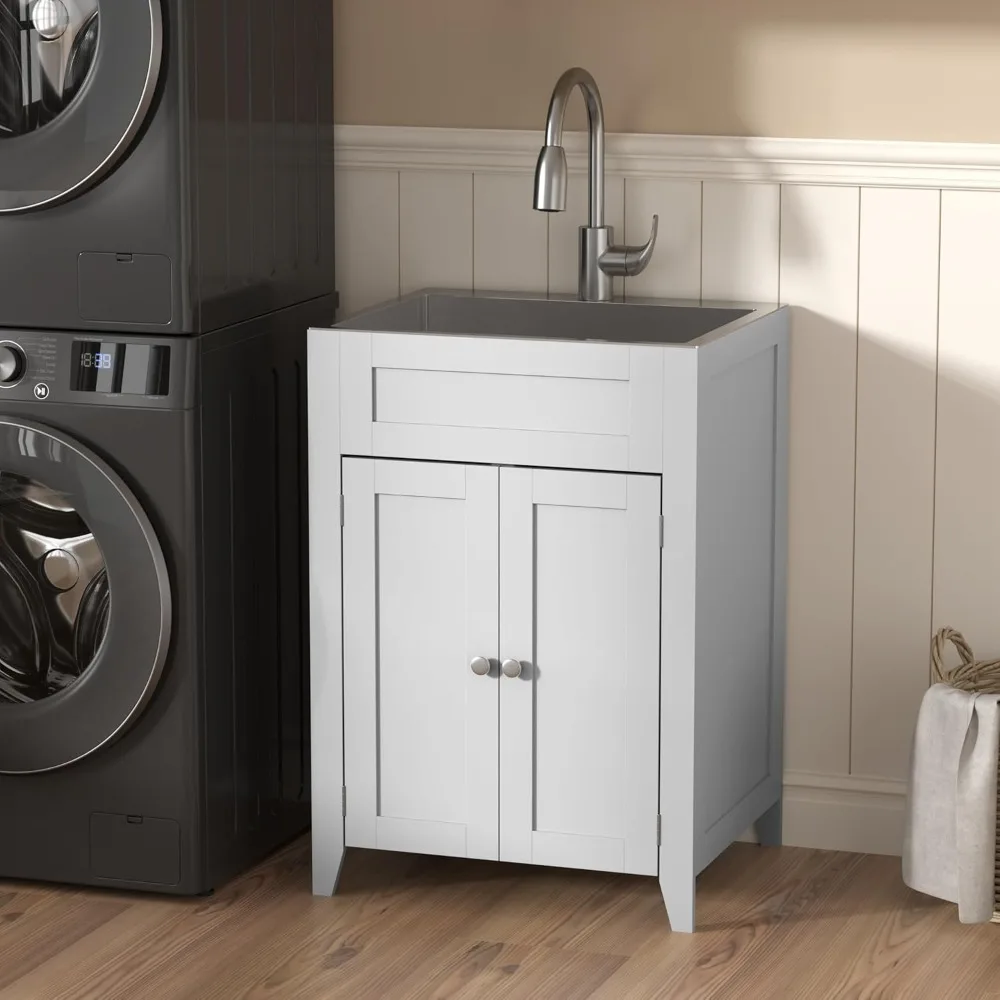 24-Inch Laundry Sink with Cabinet and Pull-Out Sprayer Faucet, Stainless Steel Utility Sink with Cabinet and Drawer Combo
24-Inch Laundry Sink with Cabinet and Pull-Out Sprayer Faucet, Stainless Steel Utility Sink with Cabinet and Drawer Combo