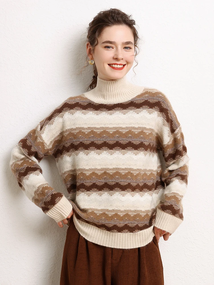 2024 Women's 100% Cashmere Sweater Vintage Style Jacquard Mock Neck Pullover Autumn Winter Thick Soft Warm Cashmere Knitwear Top
2024 Women's 100% Cashmere Sweater Vintage Style Jacquard Mock Neck Pullover Autumn Winter Thick Soft Warm Cashmere Knitwear Top