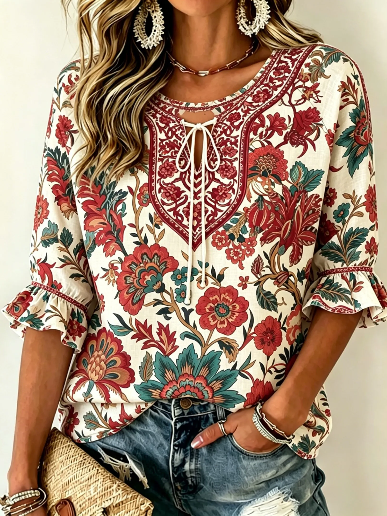 Women's Vibrant Boho Floral Print Tie Front Blouse, Casual Loose Top for Spring Summer Daily Wear
Women's Vibrant Boho Floral Print Tie Front Blouse, Casual Loose Top for Spring Summer Daily Wear