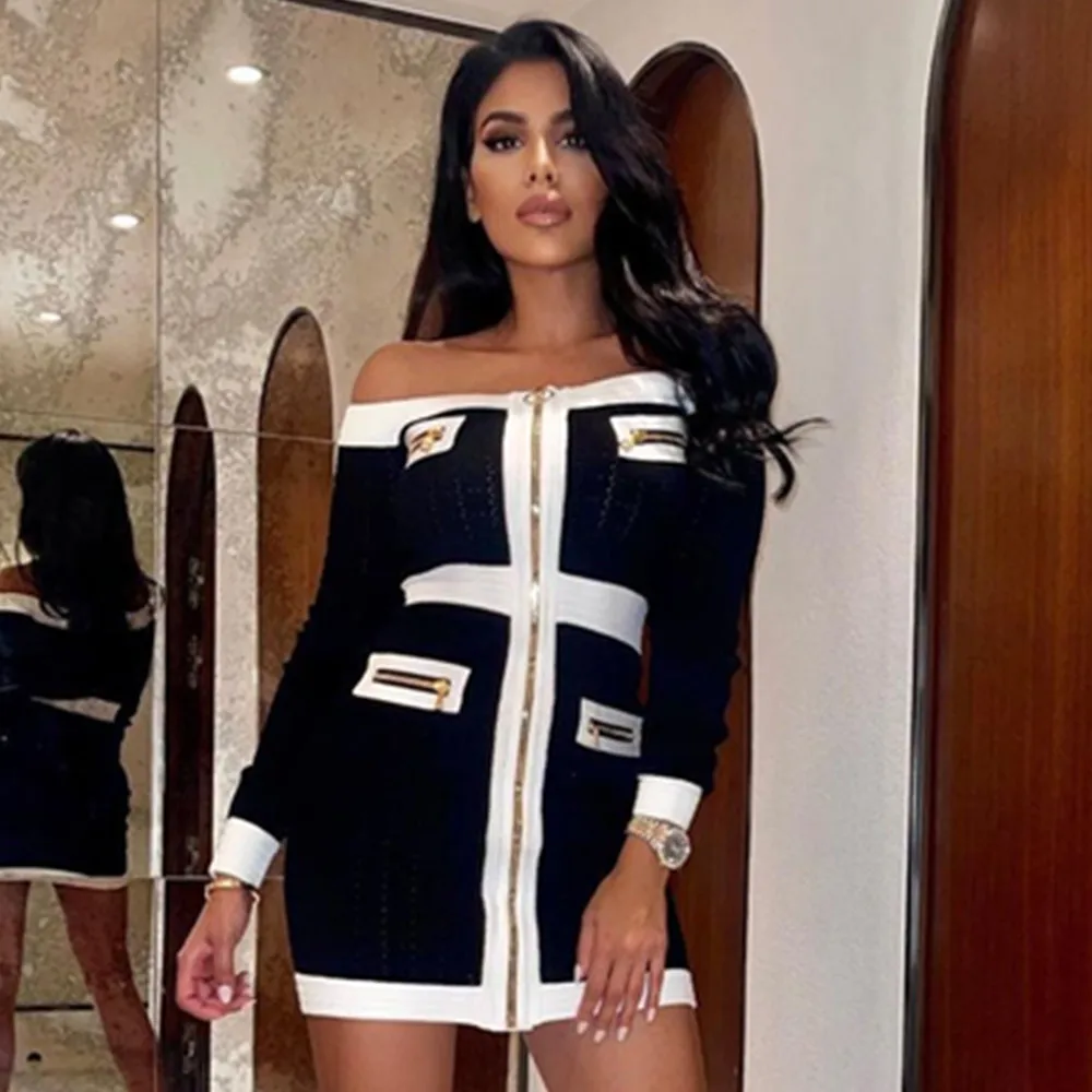 Women Spring Sexy Off Shoulder Long Sleeve Patchwork Zipper Black Mini Bodycon Bandage Dress 2022 Elegant Evening Party Dress
Women Spring Sexy Off Shoulder Long Sleeve Patchwork Zipper Black Mini Bodycon Bandage Dress 2022 Elegant Evening Party Dress