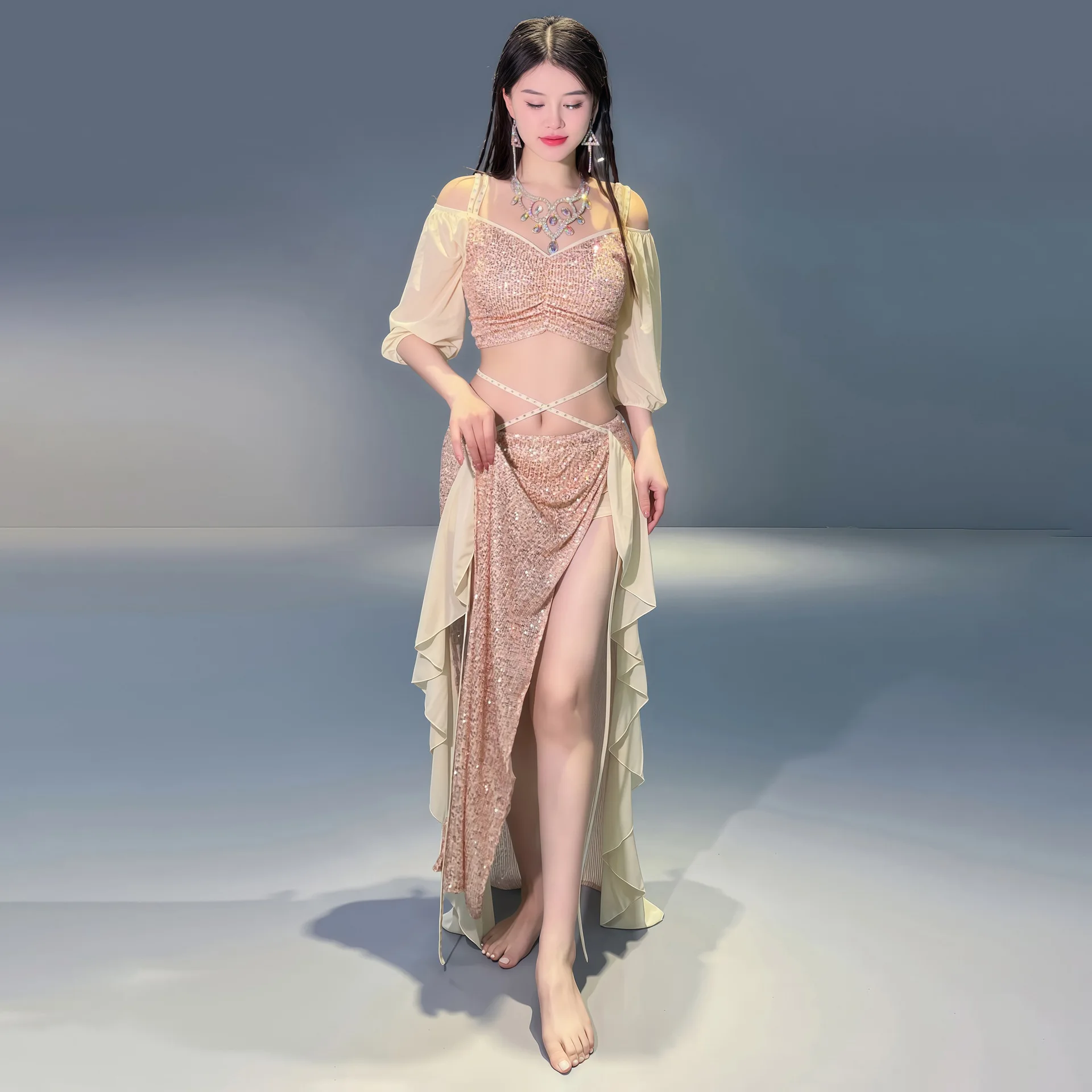 2PCS Belly Dance Costumes Women Short Sleeves Top+split Long Skirt Set Oriental Professional Set Belly Dancing Practice Clothes
2PCS Belly Dance Costumes Women Short Sleeves Top+split Long Skirt Set Oriental Professional Set Belly Dancing Practice Clothes