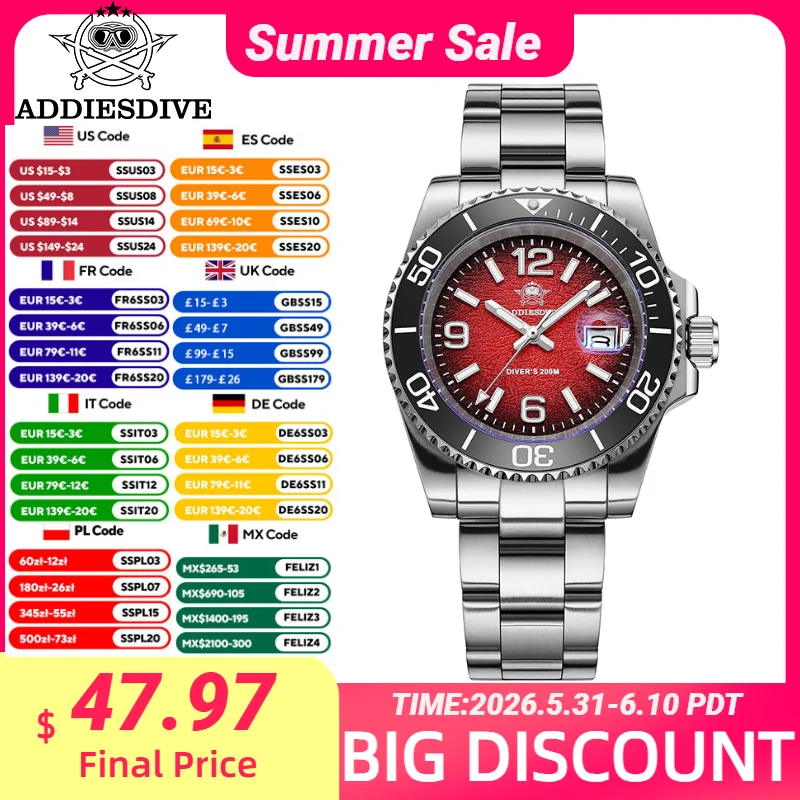 ADDIESDIVE 2025 New Watches for Men Japan 2115 AR Coated Quartz Watches Fashion Red 41mm Waterproof 200m Dive Watch Reloj Hombre
ADDIESDIVE 2025 New Watches for Men Japan 2115 AR Coated Quartz Watches Fashion Red 41mm Waterproof 200m Dive Watch Reloj Hombre