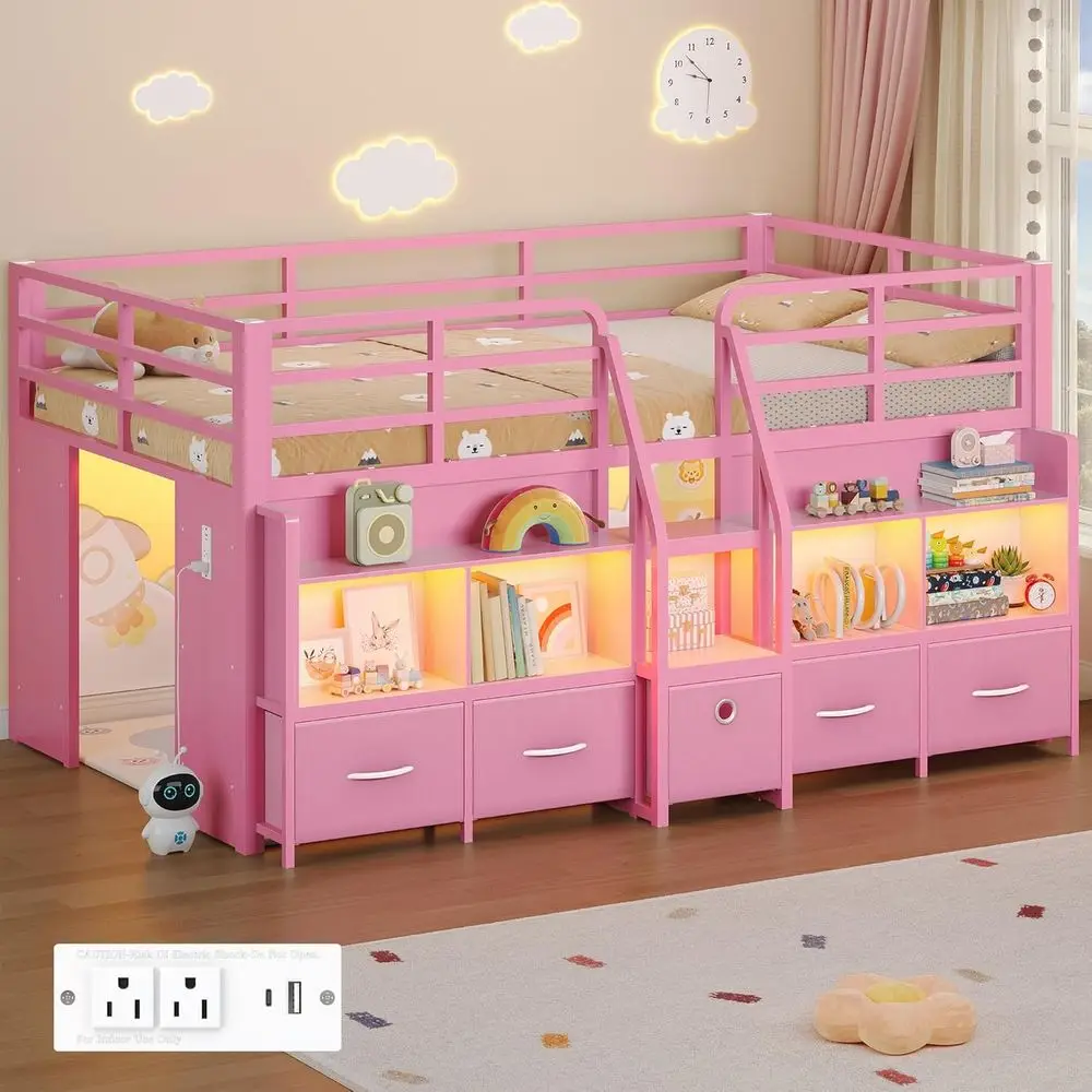 Space-Saving Twin Loft Bed for Kids with Desk, Bookcases, Safety Rail, Charging Station, LED Lights, and Play Area, Pink
Space-Saving Twin Loft Bed for Kids with Desk, Bookcases, Safety Rail, Charging Station, LED Lights, and Play Area, Pink