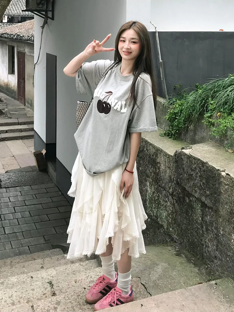 Summer New plus Size Women's Grey Short Sleeve Top And White Asymmetrical Skirt Set Casual High Waist A-Line Dress
Summer New plus Size Women's Grey Short Sleeve Top And White Asymmetrical Skirt Set Casual High Waist A-Line Dress
