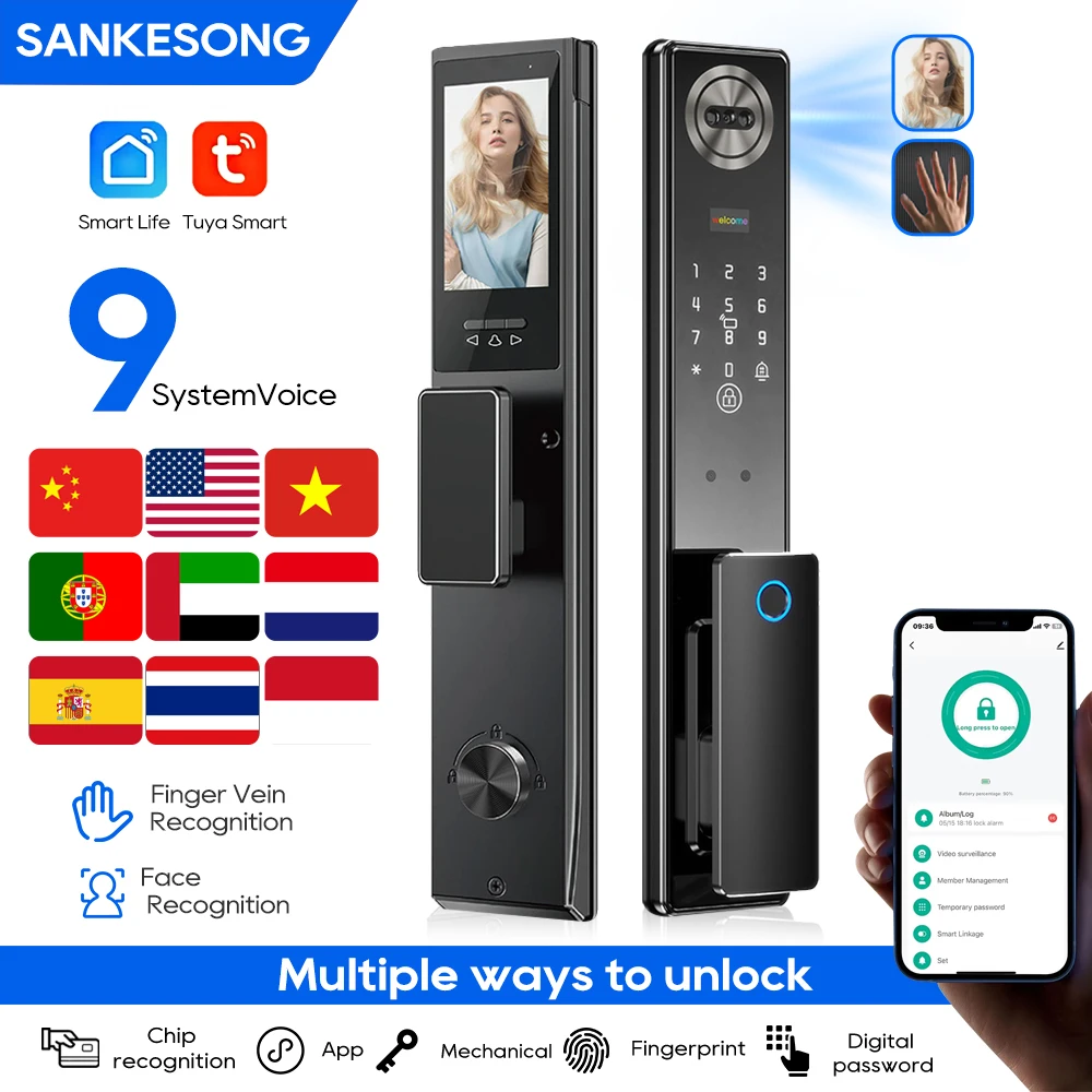 SANKESONG 3D умный дверной замок с распознаванием лиц, умный видеозамок с распознаванием вен на долоне с камерой, встроенный Wi-Fi, управление через приложение
SANKESONG 3D умный дверной замок с распознаванием лиц, умный видеозамок с распознаванием вен на долоне с камерой, встроенный Wi-Fi, управление через приложение