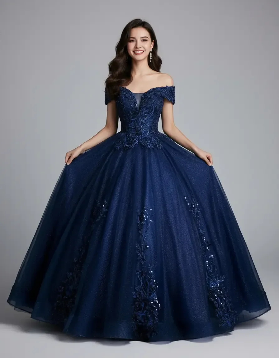 Navy Blue Sparkly Off Shoulder Ball Gown Lace Applique Tulle Prom Dress Corset Back Formal Evening Gown
Navy Blue Sparkly Off Shoulder Ball Gown Lace Applique Tulle Prom Dress Corset Back Formal Evening Gown