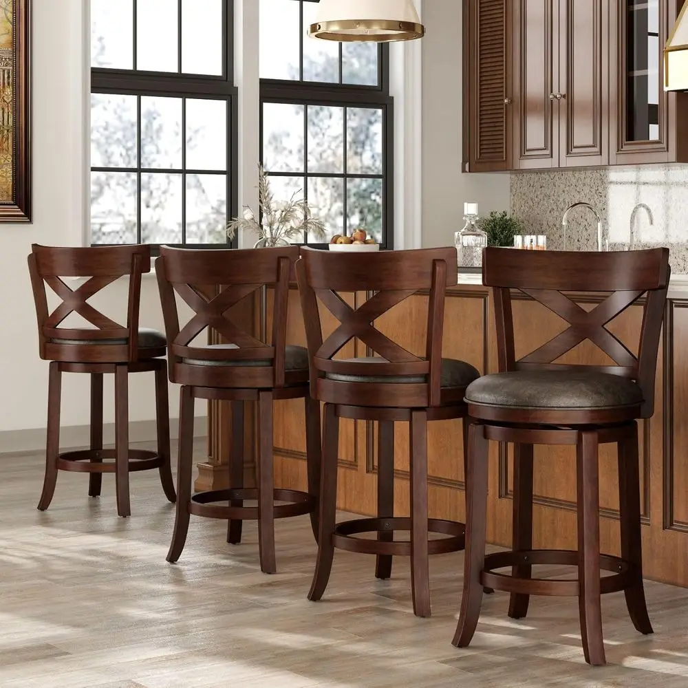Set of 4, 26 Counter Height Swivel Bar Stools with Backs and Solid Wood Legs, Faux Leather Chairs for Kitchen Island
Set of 4, 26 Counter Height Swivel Bar Stools with Backs and Solid Wood Legs, Faux Leather Chairs for Kitchen Island