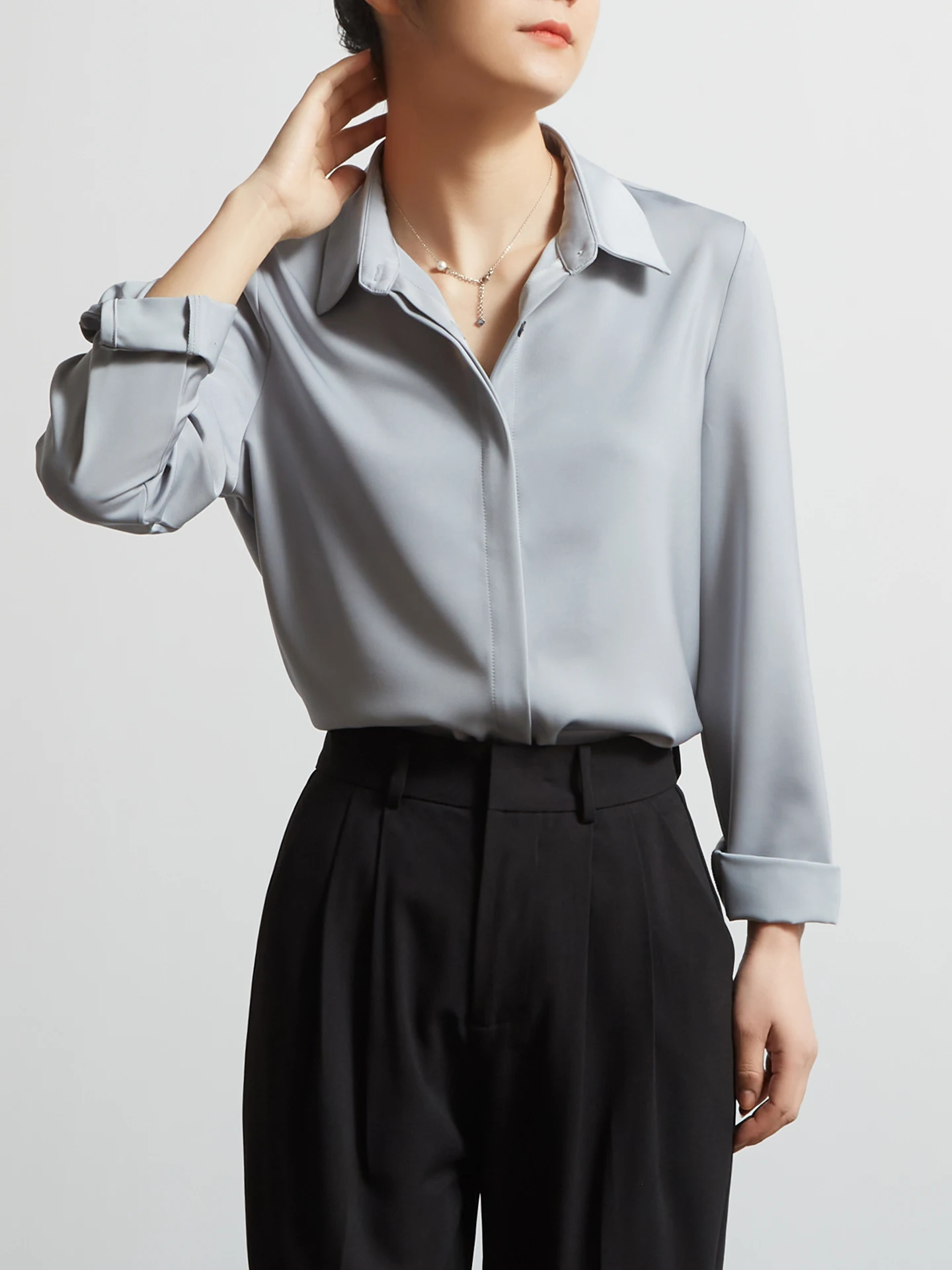 CHICBLISS Smoky Grey Long Sleeve Shirt for Women Professional Commute OL Style Spring Autumn Button Design Polyester Satin
CHICBLISS Smoky Grey Long Sleeve Shirt for Women Professional Commute OL Style Spring Autumn Button Design Polyester Satin