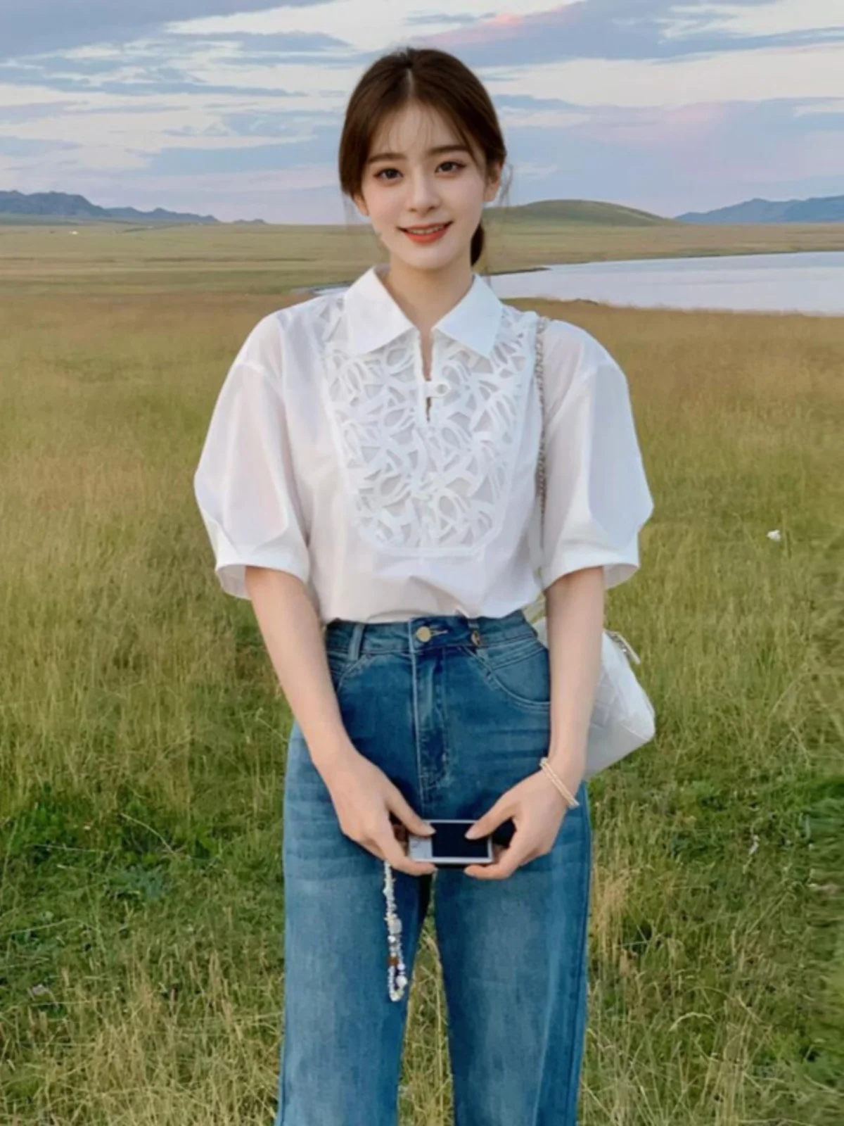 White Short Sleeve Commute Design Unique Personality Women's Shirt Summer 2026 New Style Loose Fit Embroidered UV Protection
White Short Sleeve Commute Design Unique Personality Women's Shirt Summer 2026 New Style Loose Fit Embroidered UV Protection