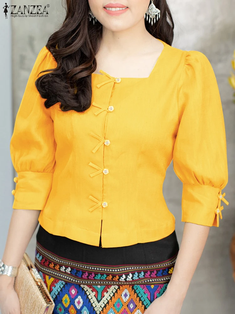 ZANZEA Women Square Collar Bowtie Shirts Vintage Solid Color Blouse Fashion 3/4 Sleeve Buttons Blusas Office Lady Waisted Tops
ZANZEA Women Square Collar Bowtie Shirts Vintage Solid Color Blouse Fashion 3/4 Sleeve Buttons Blusas Office Lady Waisted Tops