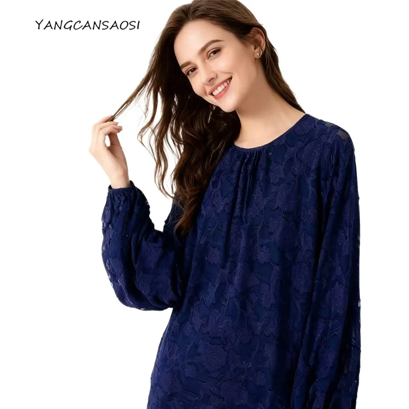 Women's Fashion Clothing Hazy Semi Perspective 100% Natural Mulberry Silk Georgette Round Neck Lantern Long Sleeved Blue Top
Women's Fashion Clothing Hazy Semi Perspective 100% Natural Mulberry Silk Georgette Round Neck Lantern Long Sleeved Blue Top