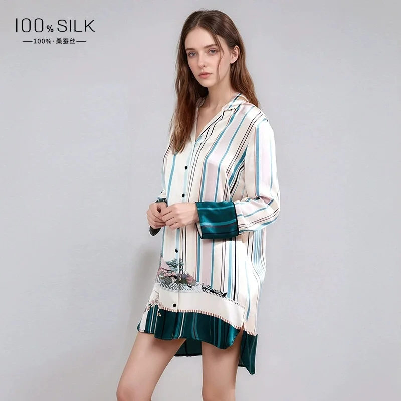 2025 Summer New Style Silk Nightdress for Women - 100% Mulberry Silk, Long-sleeved Collared Loungewear Cardigan Shirt Dress 
2025 Summer New Style Silk Nightdress for Women - 100% Mulberry Silk, Long-sleeved Collared Loungewear Cardigan Shirt Dress