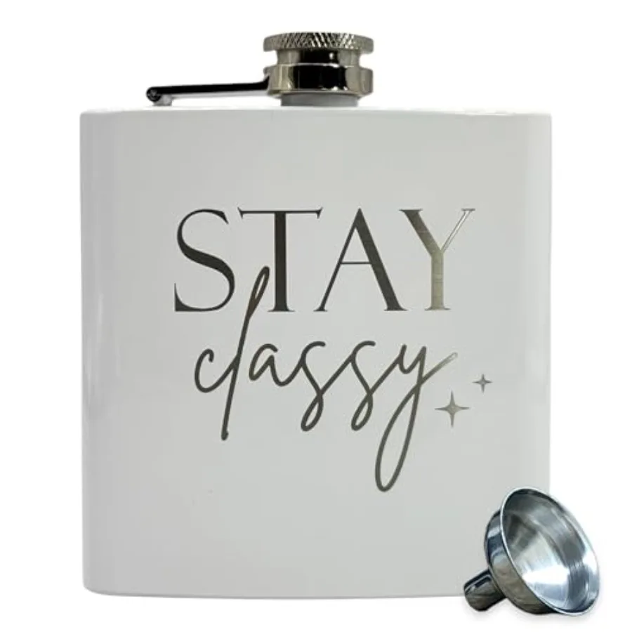 6 oz Stainless Steel Hip Flask for Women, White Engraved "Stay Classy", Includes Funnel
6 oz Stainless Steel Hip Flask for Women, White Engraved "Stay Classy", Includes Funnel