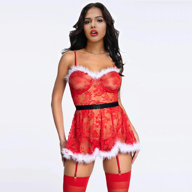 Women Christmas Lingerie Fur Floral Lace Red Transparent Lingerie Santa Chemise With Garter Belt Exotic Costumes
Women Christmas Lingerie Fur Floral Lace Red Transparent Lingerie Santa Chemise With Garter Belt Exotic Costumes