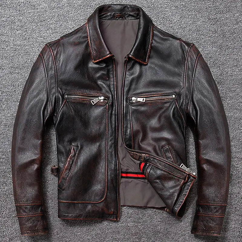 Мотоциклетная куртка из натуральной кожи для мужчин, винтажная куртка из натуральной воловьей кожи с верхним слоем, мужская короткая стильная кожаная куртка с лацканами
Мотоциклетная куртка из натуральной кожи для мужчин, винтажная куртка из натуральной воловьей кожи с верхним слоем, мужская короткая стильная кожаная куртка с лацканами