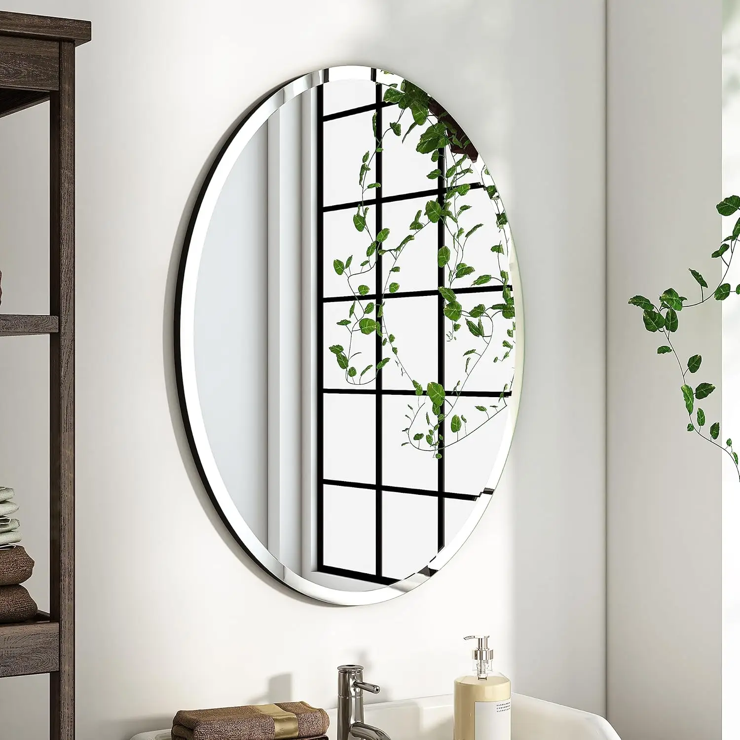 Oval Frameless Bathroom Mirror - Beveled Polished Wall Mirror for Vanity, Bedroom (18" W x 24" H)
Oval Frameless Bathroom Mirror - Beveled Polished Wall Mirror for Vanity, Bedroom (18" W x 24" H)