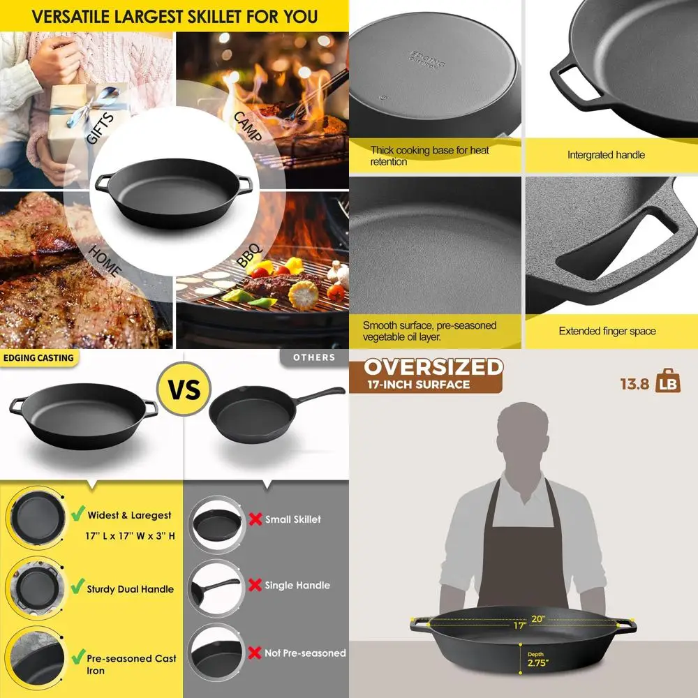 17 Pre-Seasoned Cast Iron Skillet with Dual Handles - Outdoor Camping Fry Pan, Pizza Pan, Multi-Use Cookware for Grill, Stove, O
17 Pre-Seasoned Cast Iron Skillet with Dual Handles - Outdoor Camping Fry Pan, Pizza Pan, Multi-Use Cookware for Grill, Stove, O