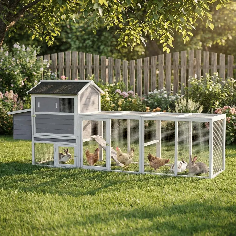 Gray Wooden Chicken Coop with Run and Nesting Box, Outdoor Hen House with Waterproof UV-Resistant Roof, 114x25x42 Inches
Gray Wooden Chicken Coop with Run and Nesting Box, Outdoor Hen House with Waterproof UV-Resistant Roof, 114x25x42 Inches