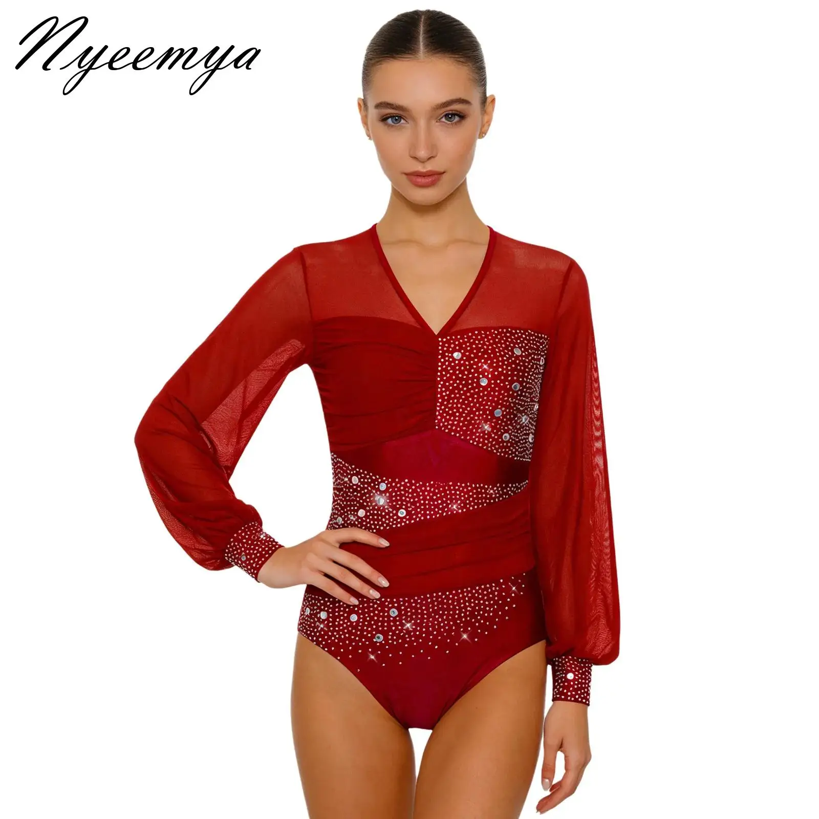 Womens Long Sleeve Ruched Figure Skating Performance Costume Sparkly Rhinestone Sheer Mesh Rhythmic Gymnastics Bodysuit Unitard
Womens Long Sleeve Ruched Figure Skating Performance Costume Sparkly Rhinestone Sheer Mesh Rhythmic Gymnastics Bodysuit Unitard
