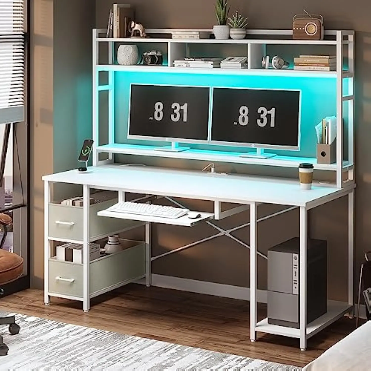 White Computer Desk with Hutch and Drawer, 55 White Gaming Desk with LED Lights & Power Outlet, Home Office Desks with Storage
White Computer Desk with Hutch and Drawer, 55 White Gaming Desk with LED Lights & Power Outlet, Home Office Desks with Storage