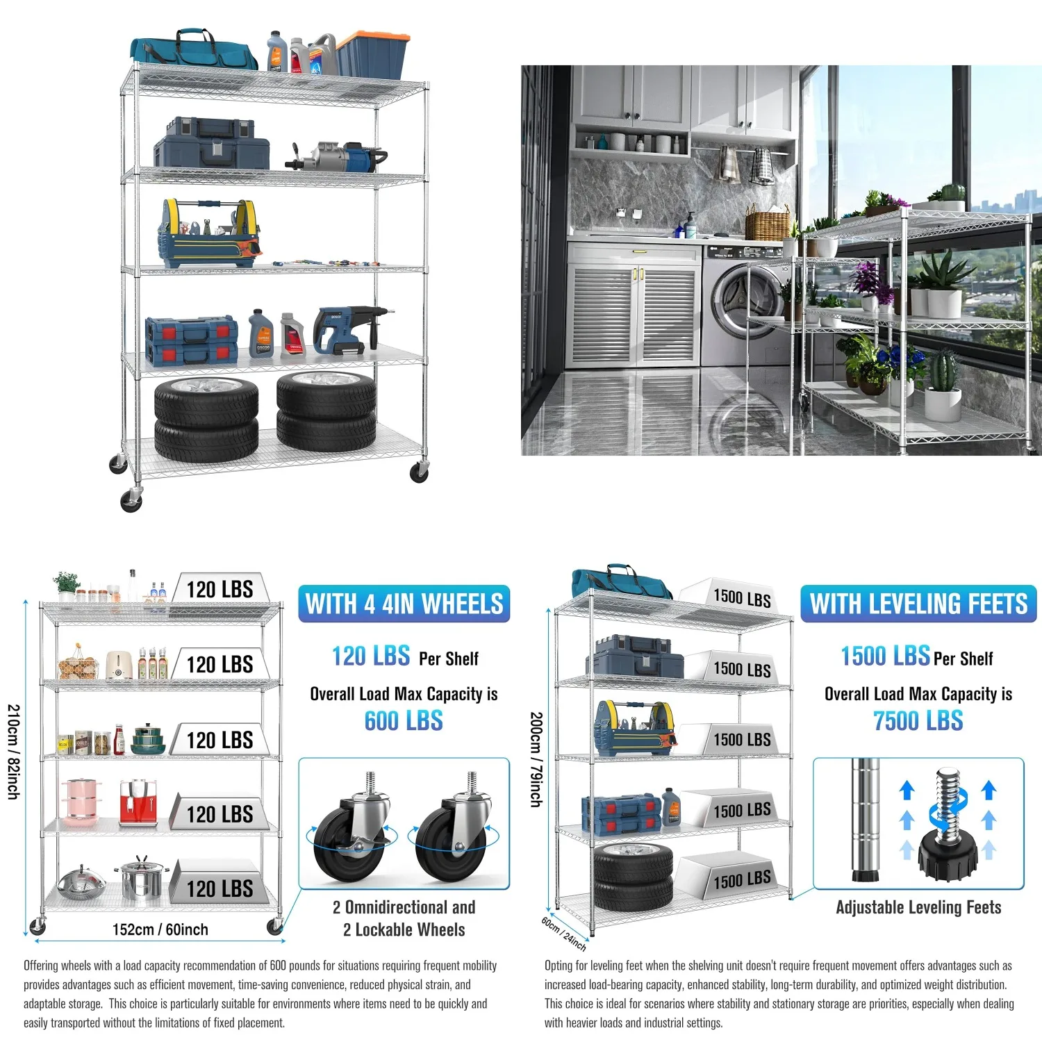 5-Tier Wire Shelf 24x60x82in 7500lbs Adjustable Metal Storage Rack with Wheels & Feet, Garage Kitchen, Chrome, Customized
5-Tier Wire Shelf 24x60x82in 7500lbs Adjustable Metal Storage Rack with Wheels & Feet, Garage Kitchen, Chrome, Customized