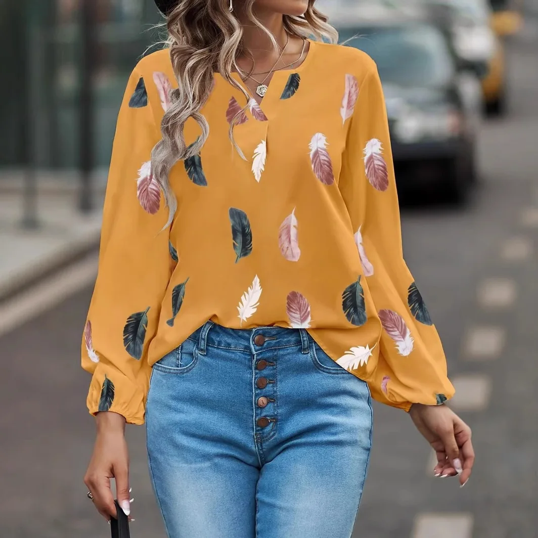 2025 women's spring/summer new V-neck feather print long-sleeved loose T-shirt top
2025 women's spring/summer new V-neck feather print long-sleeved loose T-shirt top