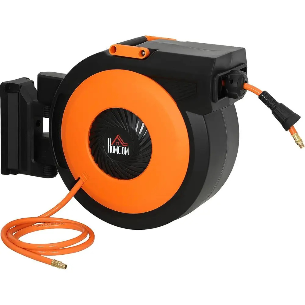 3/8 x 98ft Retractable Air Hose with Swivel Bracket, Auto Rewind, 6.6ft Lead, 300 PSI, Air Coupler, Black/Orange
3/8 x 98ft Retractable Air Hose with Swivel Bracket, Auto Rewind, 6.6ft Lead, 300 PSI, Air Coupler, Black/Orange