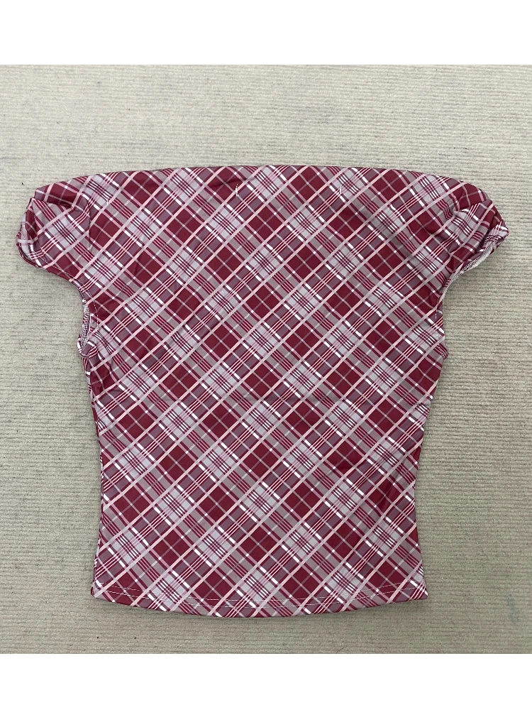 Checkered striped T-shirt short sleeved straight neck off shoulder women's versatile top pure desire style
Checkered striped T-shirt short sleeved straight neck off shoulder women's versatile top pure desire style