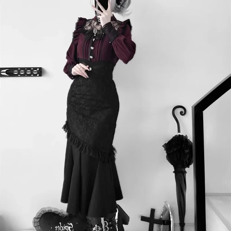 Women Jirai Kei Shirt Skirt Set Sweet Heart Dull Black Y2K Lolita Japanese Style Elegant Long Sleeve Lace Top High-waisted Dress
Women Jirai Kei Shirt Skirt Set Sweet Heart Dull Black Y2K Lolita Japanese Style Elegant Long Sleeve Lace Top High-waisted Dress