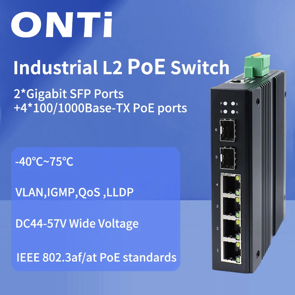ONTi 6/10 port Industrial PoE Ethernet L2 Managed Switch with 2×1000M SFP + 4/8×1000M RJ45 PoE Ports,Input 44~57V DC
ONTi 6/10 port Industrial PoE Ethernet L2 Managed Switch with 2×1000M SFP + 4/8×1000M RJ45 PoE Ports,Input 44~57V DC