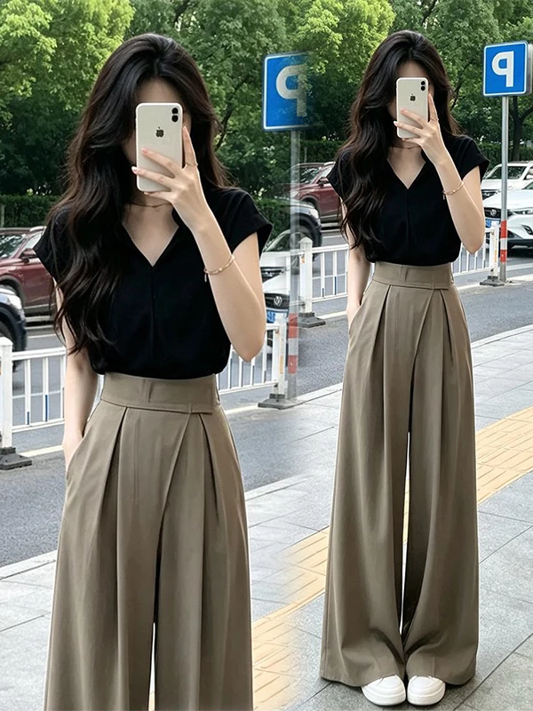 Summer Women's Fashion Set V-neck Slimming Short-sleeve Top Magic Tape High-waist Wide-leg Pants Two-piece Set Casual Style
Summer Women's Fashion Set V-neck Slimming Short-sleeve Top Magic Tape High-waist Wide-leg Pants Two-piece Set Casual Style