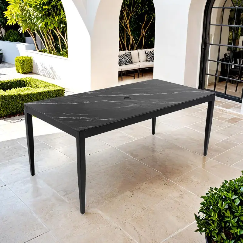 Outdoor Modern Patio Dining Table 35.5" x 71", Black Marble-Inspired Sintered Stone Top, Ember Black Finish, Tapered Legs,
Outdoor Modern Patio Dining Table 35.5" x 71", Black Marble-Inspired Sintered Stone Top, Ember Black Finish, Tapered Legs,