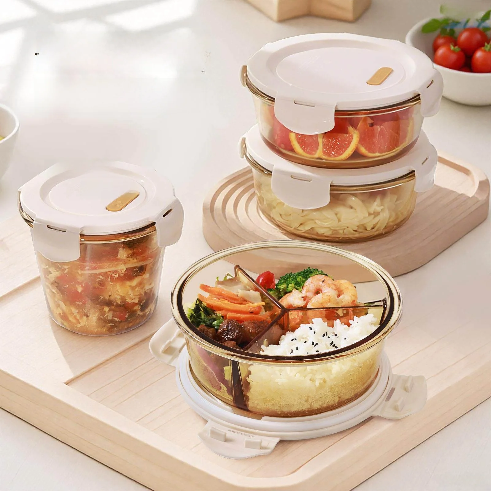 Modern Simple round Glass Rice Box Microwave Safe Lunch Box with Dividers Freshness Preservation Bowl for Class Group
Modern Simple round Glass Rice Box Microwave Safe Lunch Box with Dividers Freshness Preservation Bowl for Class Group