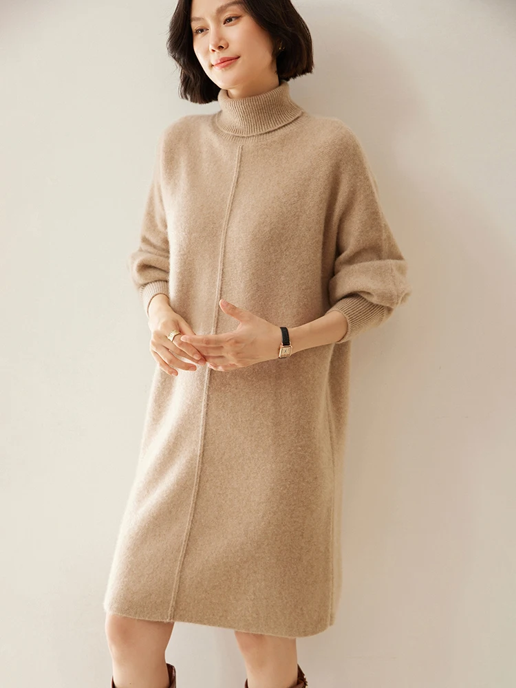 New Luxury Women 100% Cashmere Dresses Autumn Winter Turtleneck Long Sweater Dress Knee Length loose Dresses Cashmere Knitwear
New Luxury Women 100% Cashmere Dresses Autumn Winter Turtleneck Long Sweater Dress Knee Length loose Dresses Cashmere Knitwear