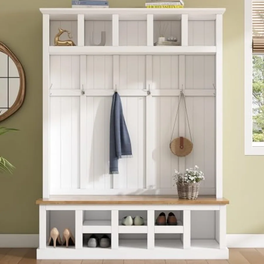 Farmhouse Wood Hall Tree with Bench and Shoe Storage, 5-in-1 Coat Rack with 6 Hooks for Entrance, Hallway
Farmhouse Wood Hall Tree with Bench and Shoe Storage, 5-in-1 Coat Rack with 6 Hooks for Entrance, Hallway
