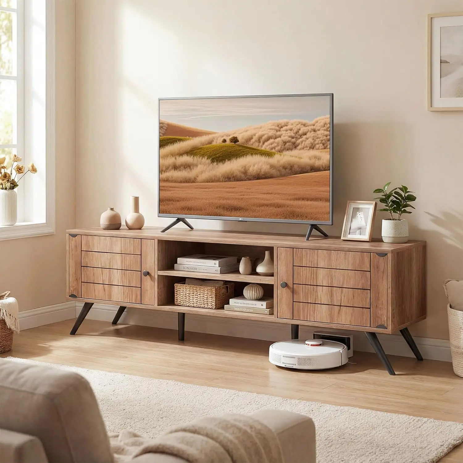 TV Stand for 65 Inch TV, Mid-Century Modern Entertainment Center w/2 Storage Cabinets, Cable Hole & Open Shelves,, Customized
TV Stand for 65 Inch TV, Mid-Century Modern Entertainment Center w/2 Storage Cabinets, Cable Hole & Open Shelves,, Customized