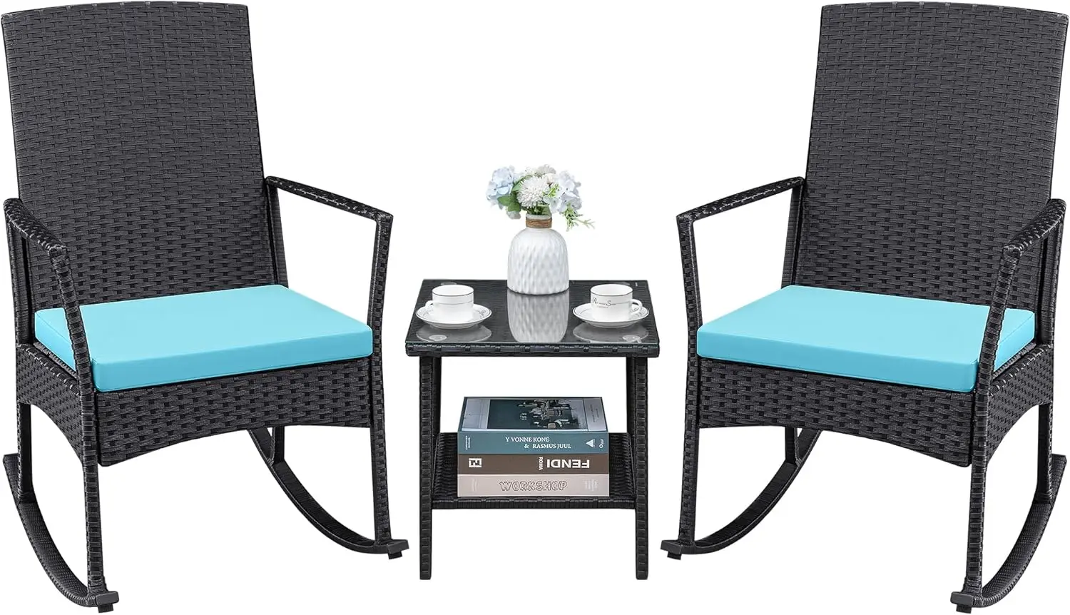 Beige rattan wicker 3-piece outdoor rocking bistro set with two cushioned rocking chairs and glass coffee table, weather-resistant leisure furniture for garden, porch and poolside
Beige rattan wicker 3-piece outdoor rocking bistro set with two cushioned rocking chairs and glass coffee table, weather-resistant leisure furniture for garden, porch and poolside