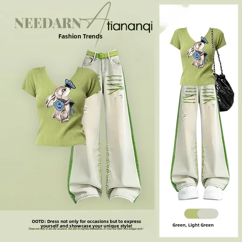 Summer New Style Slimming Knitted Print Short Sleeve Top And Loose Straight Leg Jeans Two Piece Set Women's Fashion Ensemble
Summer New Style Slimming Knitted Print Short Sleeve Top And Loose Straight Leg Jeans Two Piece Set Women's Fashion Ensemble