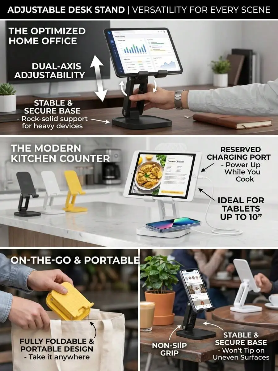 Adjustable Desktop Phone And Tablet Stand With Dual-Axis Rotation Stable Non-Slip Base Foldable Portable For Home Office Kitchen
Adjustable Desktop Phone And Tablet Stand With Dual-Axis Rotation Stable Non-Slip Base Foldable Portable For Home Office Kitchen