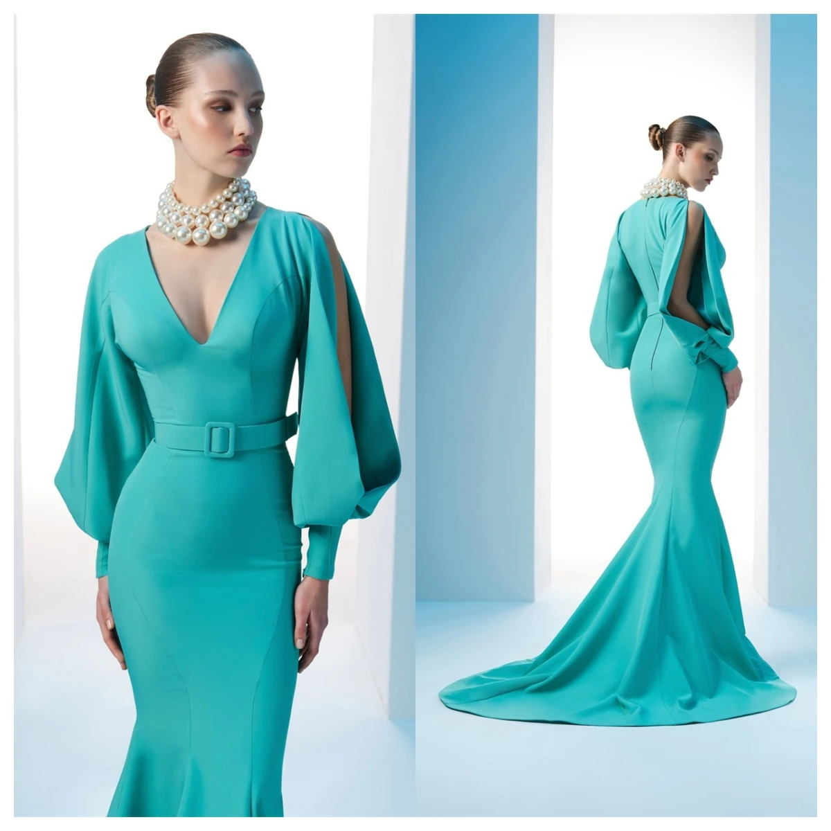 Customized Exquisite Blue Satin Evening Dress Mermaid V-Neck Long Sleeves Celebrity Gowns Belt Bespoke Occasion Gowns
Customized Exquisite Blue Satin Evening Dress Mermaid V-Neck Long Sleeves Celebrity Gowns Belt Bespoke Occasion Gowns