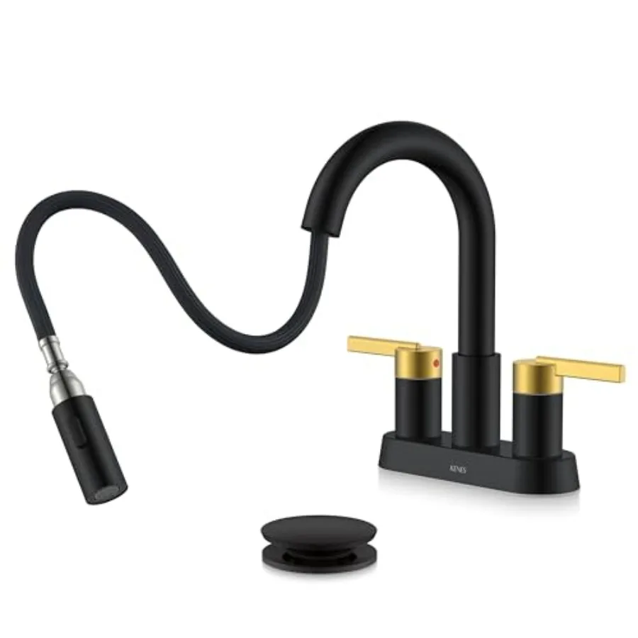 Bathroom vanity faucet with pull-out sprayer brass construction black and gold finish 4-inch centerset 2-handle 3-hole setup in
Bathroom vanity faucet with pull-out sprayer brass construction black and gold finish 4-inch centerset 2-handle 3-hole setup in