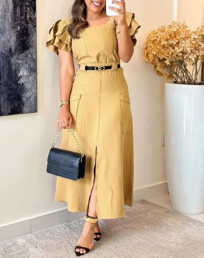Women's Skirt Set 2025 Spring Summer Outfit Ruffles Sleeve Square Neck Back Shirred Top Casual Slit Skirt Set (Without Belt)
Women's Skirt Set 2025 Spring Summer Outfit Ruffles Sleeve Square Neck Back Shirred Top Casual Slit Skirt Set (Without Belt)
