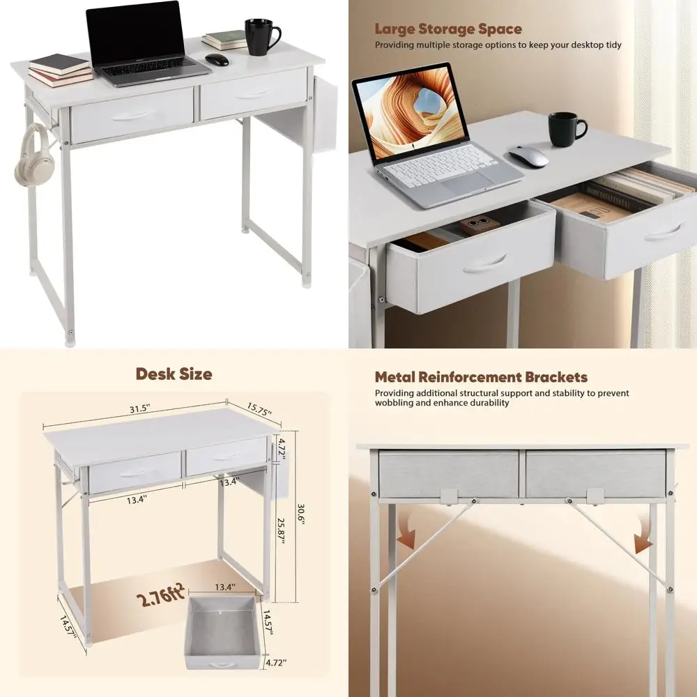 Компактный 31,5-дюймовый стол для домашнего офиса с тканевыми ящиками, местом для хранения компьютерного стола, карманом и крючком, идеально подходит для учебы и письма.
Компактный 31,5-дюймовый стол для домашнего офиса с тканевыми ящиками, местом для хранения компьютерного стола, карманом и крючком, идеально подходит для учебы и письма.