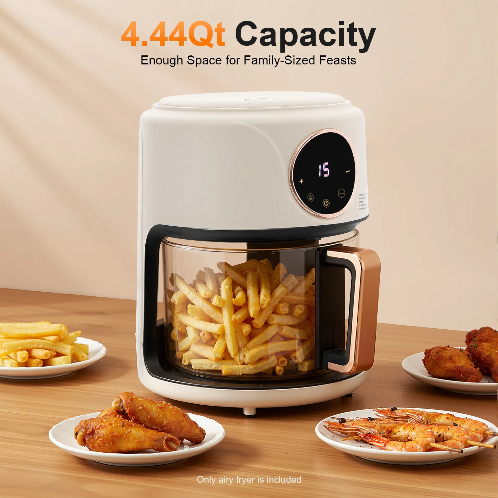 White Airy Fryer, 4.2L/4.44Qt Glass Air Fryer, 360° Viewable Airy Fryer, for Frying Chicken Wings, French fries, Shrimp, 1200W
White Airy Fryer, 4.2L/4.44Qt Glass Air Fryer, 360° Viewable Airy Fryer, for Frying Chicken Wings, French fries, Shrimp, 1200W