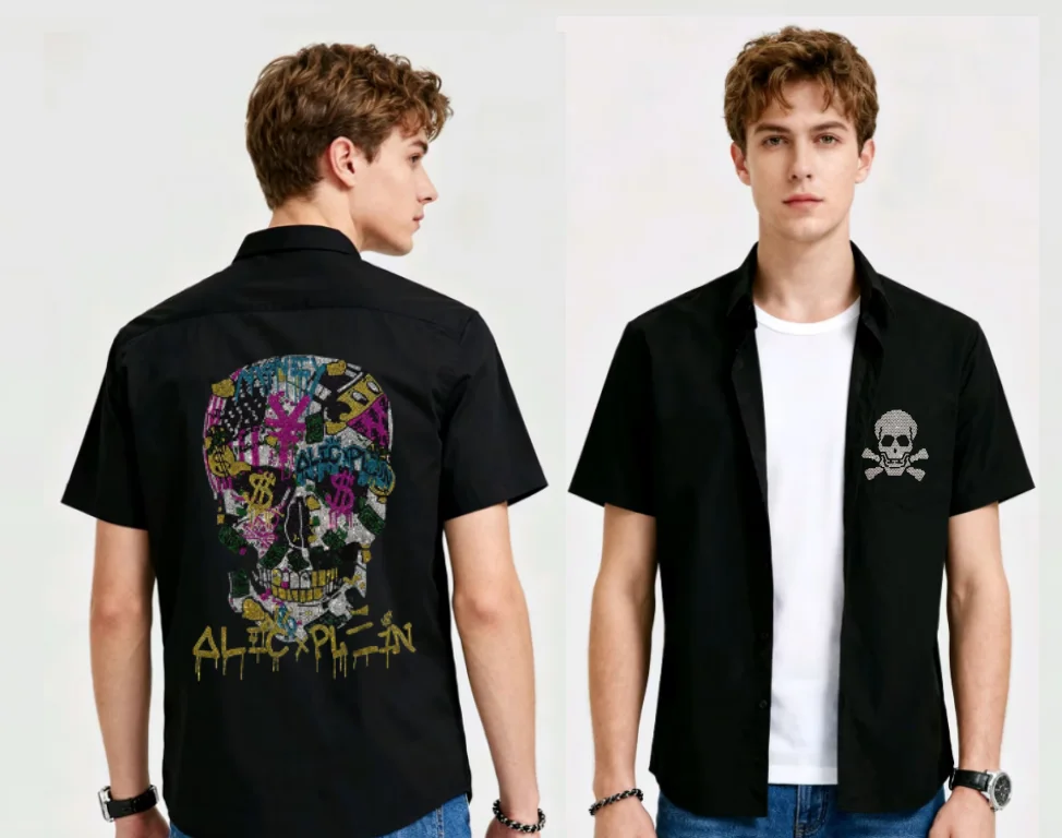 Мужская повседневная рубашка с коротким рукавом с черепом, декором из стразов и приталенным кроем, отлично подходит для летних каникул, путешествий и красивых рубашек
Мужская повседневная рубашка с коротким рукавом с черепом, декором из стразов и приталенным кроем, отлично подходит для летних каникул, путешествий и красивых рубашек