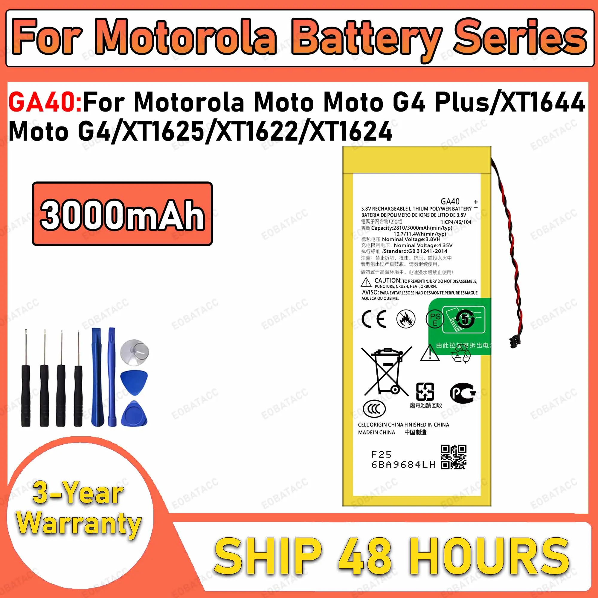 3000mAh 100% New GA40 Battery For Motorola Moto G4 Plus/G4/XT1644 Replacement Bateria+Free Tools
3000mAh 100% New GA40 Battery For Motorola Moto G4 Plus/G4/XT1644 Replacement Bateria+Free Tools